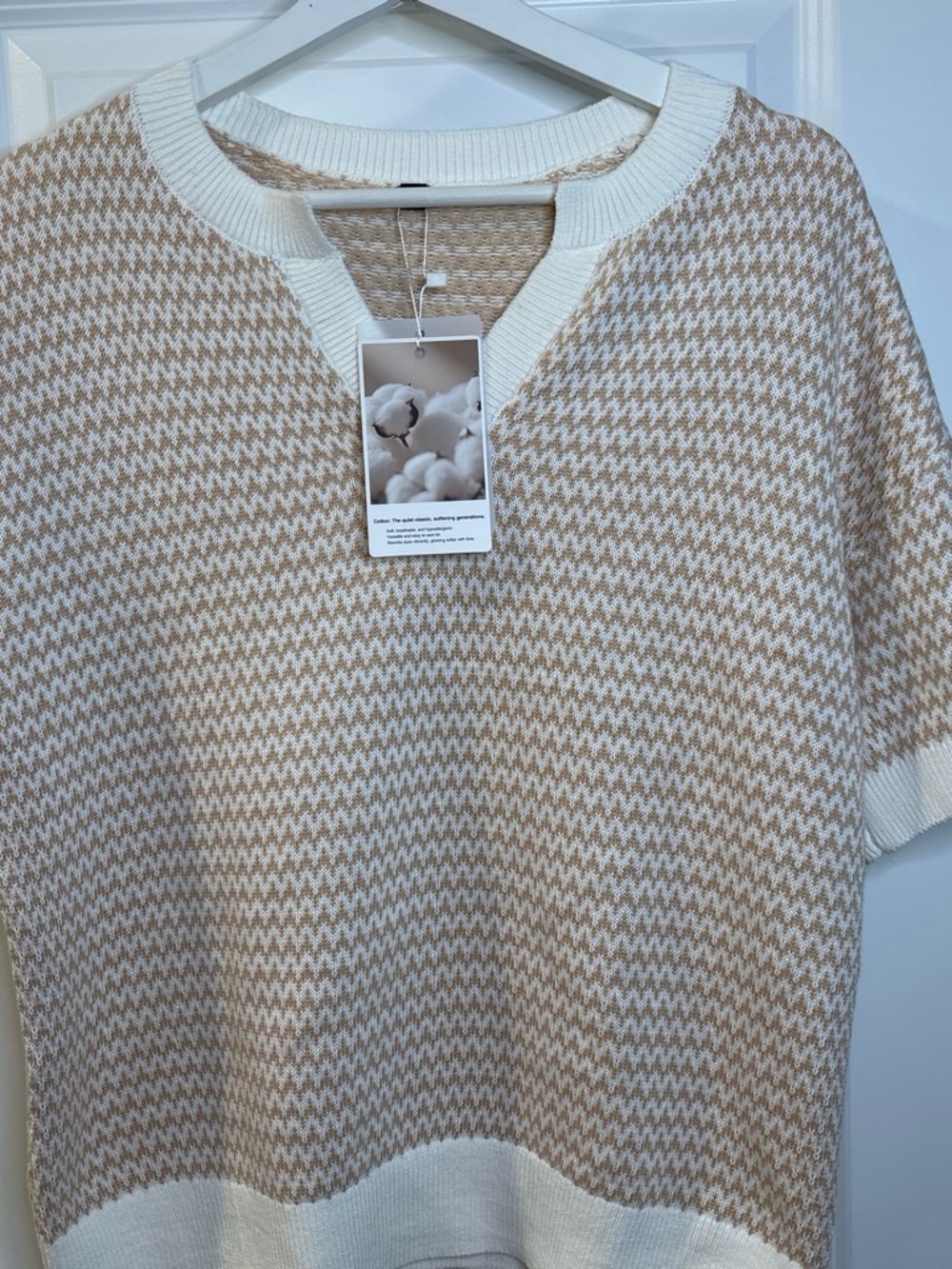 Short-Sleeve Crew Knit Sweater in Cream and Beige